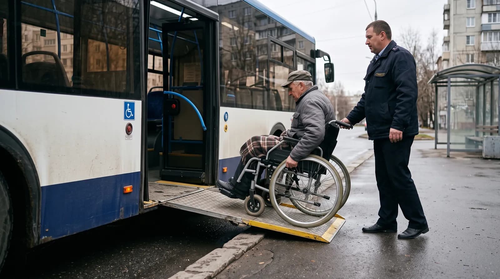 Низкопольный автобус, пандус и место для коляски в салоне