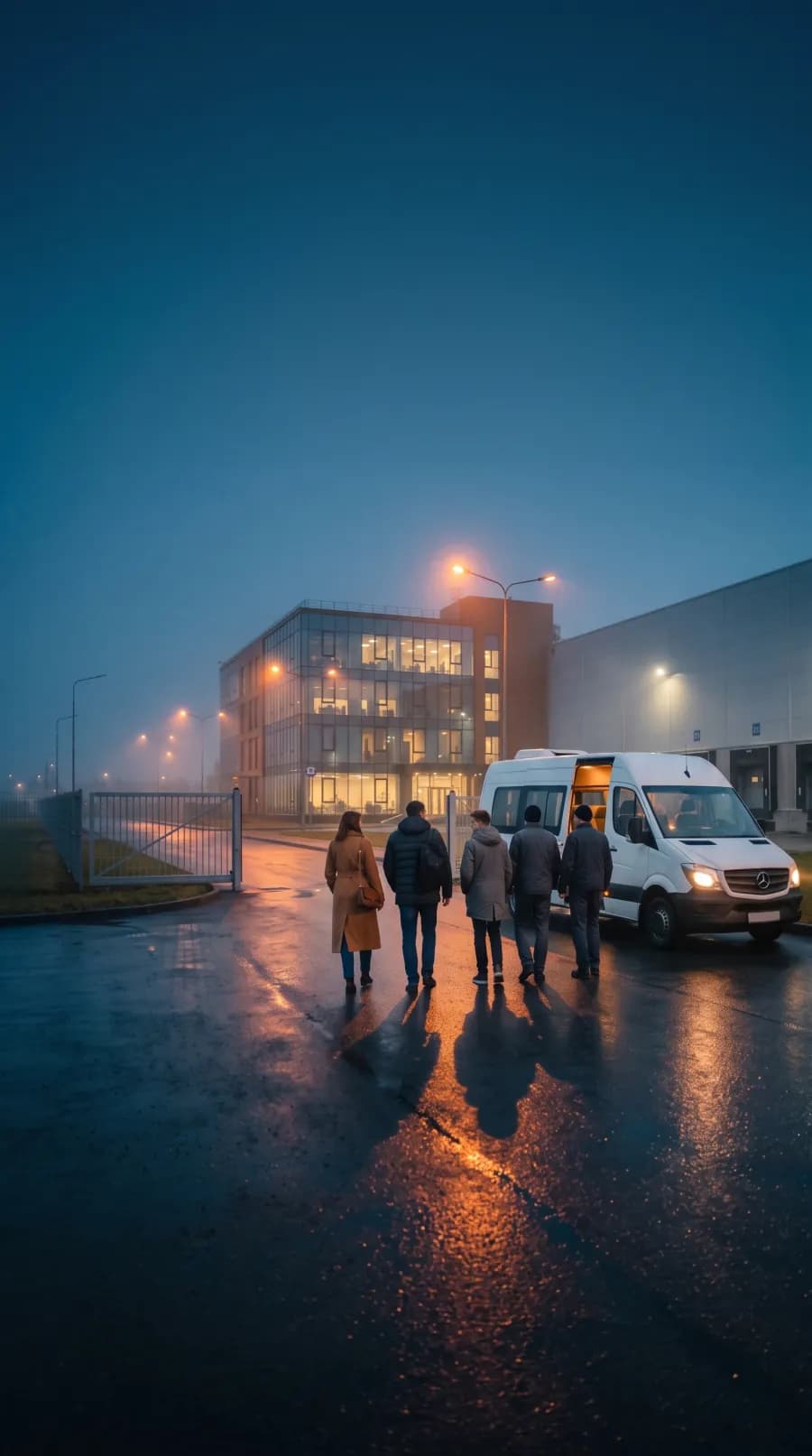 Сотрудники идут к микроавтобусу Mercedes Sprinter у офиса и склада на рассвете