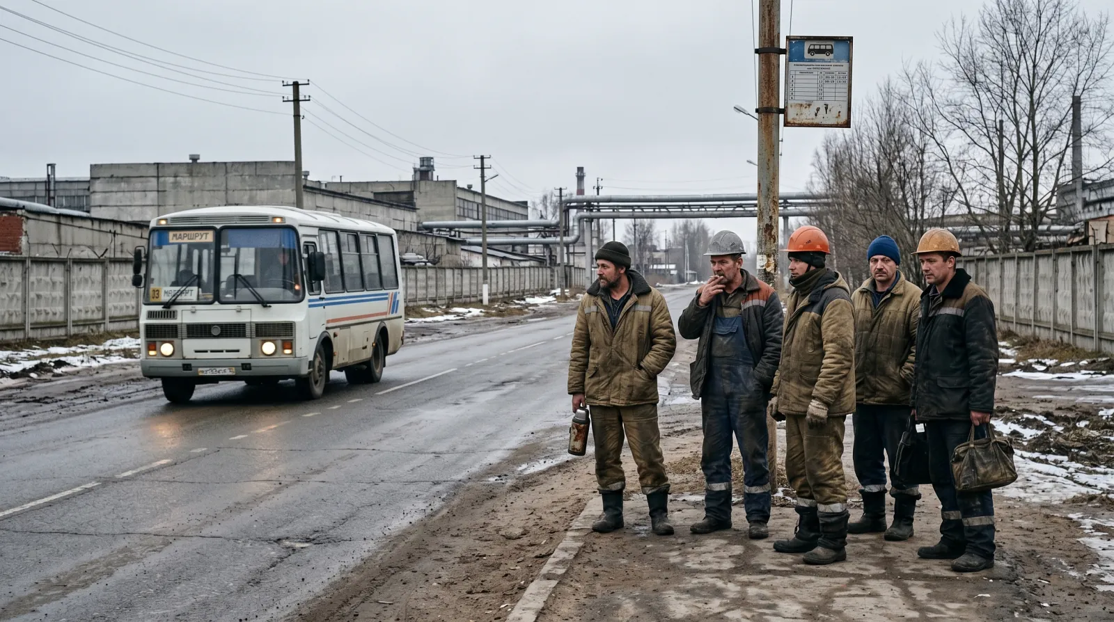 Рабочие в спецовке ждут служебный автобус ПАЗ у проходной завода зимой