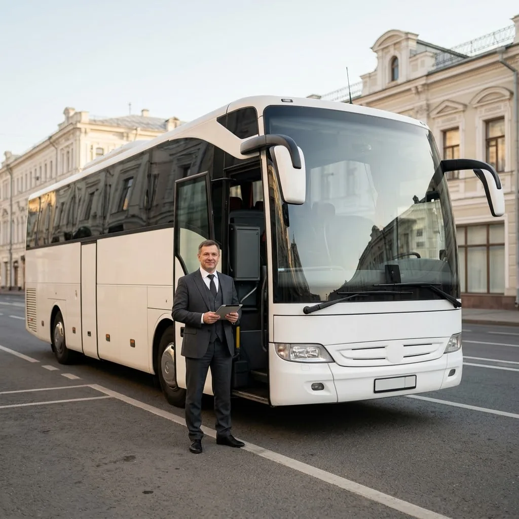 Водитель туристического автобуса Глобус Бас встречает группу — подбор аренды с водителем в Москве