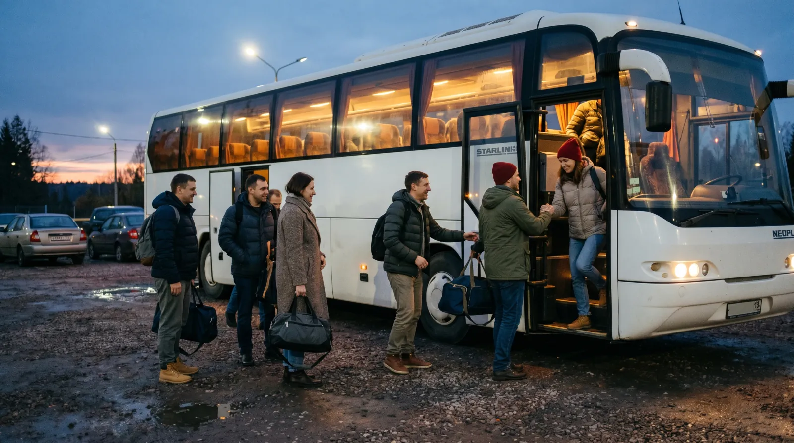 Сотрудники садятся в освещённый автобус вечером после тимбилдинга для обратной поездки